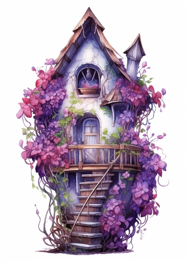 A realistic high detailed fairytale style attic corner with watercolor effect,suitable for digital clipart,white background,magical flowers,magical scene,fairy vibrant colors,pink,purple,lavender,
