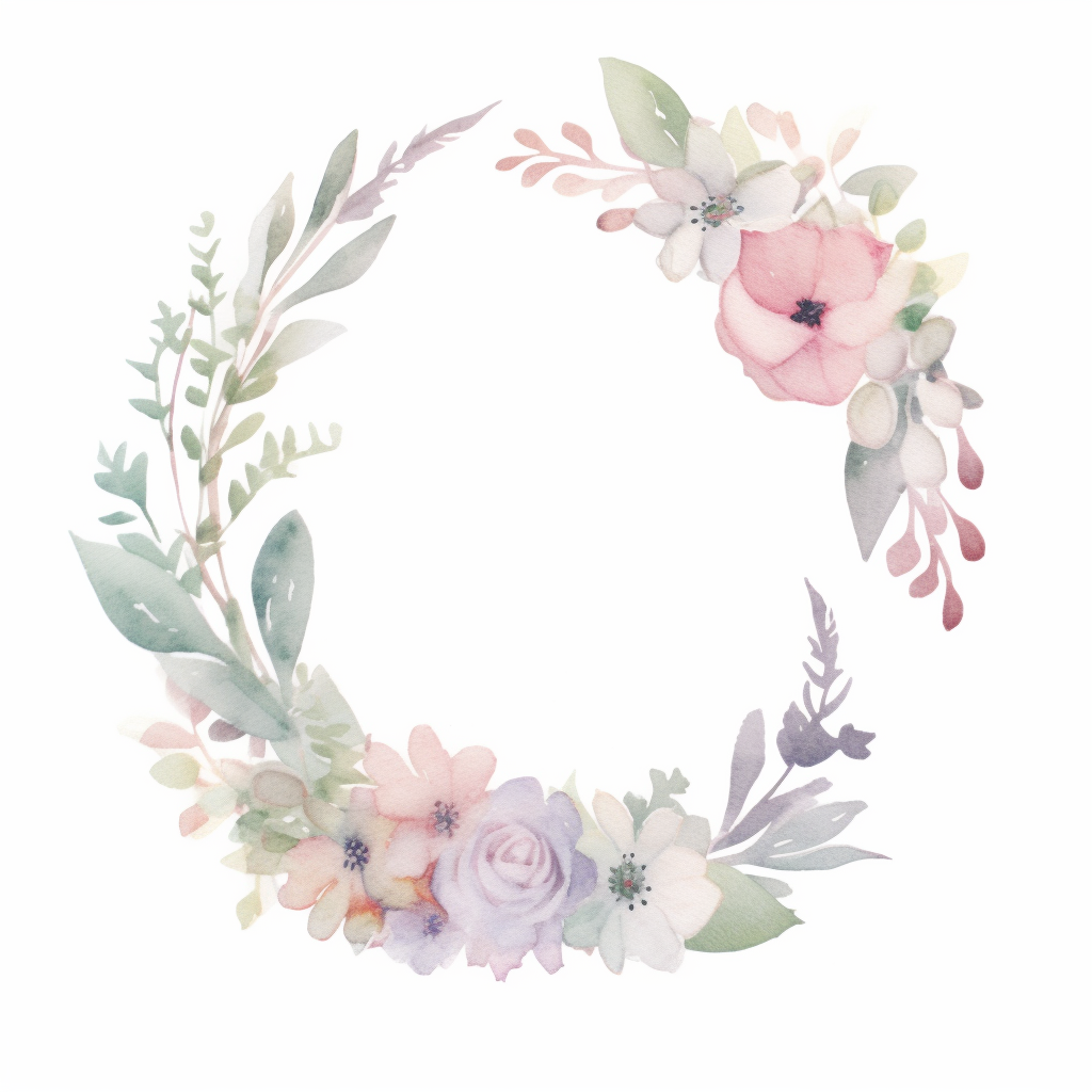 Watercolour sketch, floralwreath, simple, clipart, white background, pale delicate tones, naturecore, bloomcore