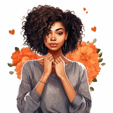 ultra detailed Black Girl Self Love Clipart, solid white background, cozy outfit, beautiful, super cute , super hot, self love, peaceful, heart, watercolor, floral, contour, PHOTOREALISM portrait , by ANIMATION