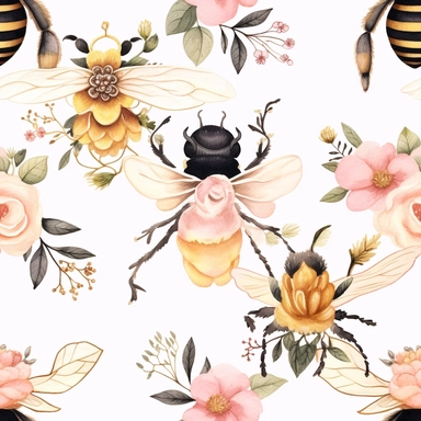 Draw a watercolor-style clip art images that feature objects related to an aesthetic adorned with floral designs. The images should have aesthetic, and should incorporate elements such as watercolor [gold] whimsical and cute illustration in watercolor of a vintage bumble bee with black ornaments on the body, in a Scandinavian folk art style with botanical and swirl motifs. light pink gold colors Traditional with a modern twist watercoloritem collection, isolated on a white background, gourmet, c