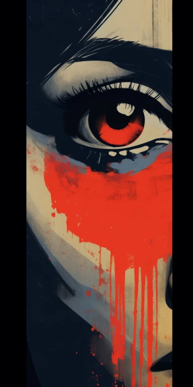 a newspaper clip art illustration with a red eye for an asian woman, in the style of large-scale murals, dark palette chiaroscuro, movie poster, mori kei, captivating documentary photos, hyper-detailed, richly colored, uhd 8k.