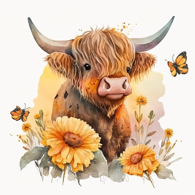 watercolor clipart cute brown baby highland cow with horns eating sunflower