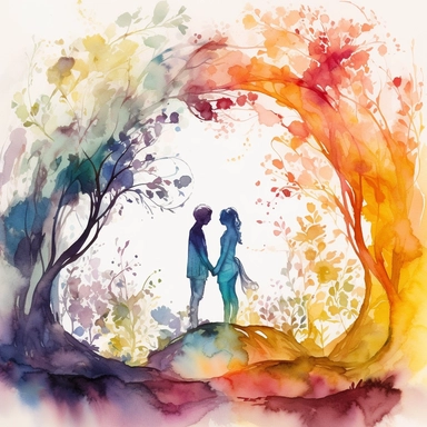 An ethereal and romantic scene captured in a gay couple rainbow watercolor clipart, set against a pristine white background. The artwork depicts two figures, elegantly intertwined, surrounded by delicate watercolor blooms and foliage. The couple's silhouettes are outlined in bold and confident strokes, while the vibrant colors of the watercolor create a sense of energy and vitality. The flowers and foliage add a touch of enchantment, evoking a sense of nature's beauty and tranquility. The overal