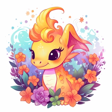 vector art of kawaii dragon breathing fire cute with flourishes of flowers clip art with white background
