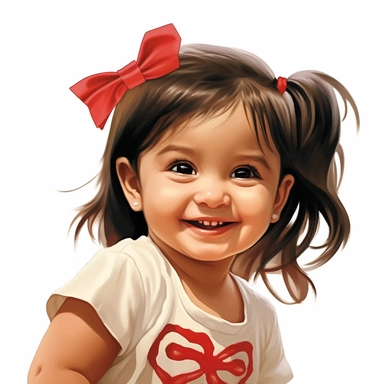 Adorable, cute, mexican, baby girl, happy, smiling, wearing a red shirt and a satin ribbon in her hair, extreme focus, professional artists rendition, no text, no logo, no name, no letters, Highly Detailed, clip art, white background, smooth edges, flawle