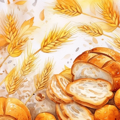 :decoupage card fresh baked bread background ornament, high detail, high sharpness many details soft colors, high resolution, clear lines, golden ratio, watercolor painting, illustration clip art octane render