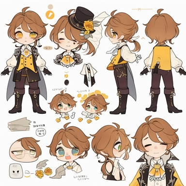 character sheet, knoling, clipart, inventory catalog, cute chibi character, golden wavy long hair, long bangs, yellow-green eyes, flat chest, beautiful young boy, gothic, frill, lace shirt, high West brown shorts, yellow bird, mimosa, yellow jewelry, ribbon