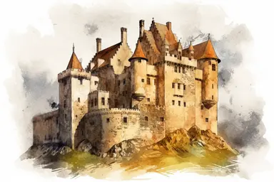 realistic 2d drawing of a medieval scotland castle, high details, realistic watercolor, fine lines, illustration, 8k UHD, hdr, clipart, very light cream background