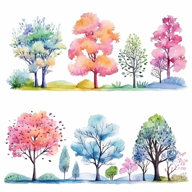 watercolor embroidery , illustrations clipart set, simple , cartoon elements, different variants , trees in seasons , separate elements with a margin