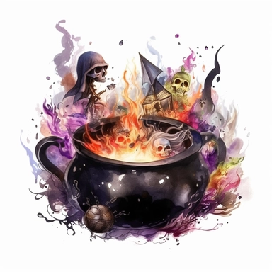 dark arcadia witches couldron sat ontop of burning logs, big mixing spoon to mix the bubbling potion, smoke, bubbles, sparkles, frogs, bones, fingers, bats, plants, clip art, watercolor, magic, fantasy, roses, glowing details, crystal ball white background 8k,