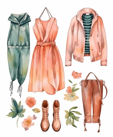 set of spring Fashion Watercolor Clipart Women's Clothing, with border lines, one by one isolated on background, no noise, 300 DPI,