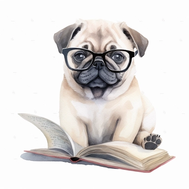 soft watercolor clipart, baby fat DOG with sunglasses, book, cute, only white background