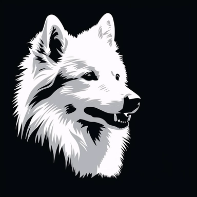 the image of a white American Eskimo Dog on black is shown, in the style of stencil art, heavy outlines, flickr, hard edge, sculpted, woodcut, clipart cut file cuttable cricut vector