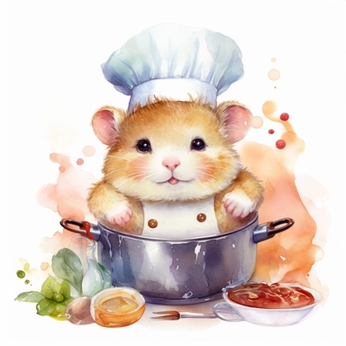 watercolor clipart, A cute, chubby hamster wearing a chef's hat is Cooking food in the kitchen, tasty, white background, high solution