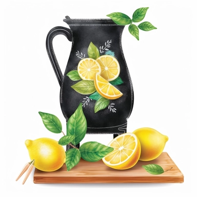 vibrant clipart featuring pitcher lemonade in watercolor style, High Contrast, Blackboard, pastel art drawing on chalkboard with easel against white background