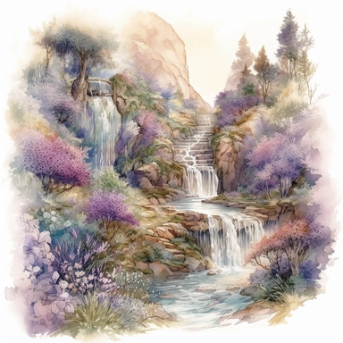 isolated on white illustration watercolor art of a elegant part of waterfall, the landscape from the garden with lavender and a road going into the mountains, a lot of lavender, masterpiece by Hans Zatzka style and by Josephine Wall style and by Alexander Jansson style and by Ivan Fedorovich Choultse style, Art Nouveau Architecture, PNG clipart, isolated on white, extreme photorealistic details, 32k HD resolution, realistic high detailization high resolution