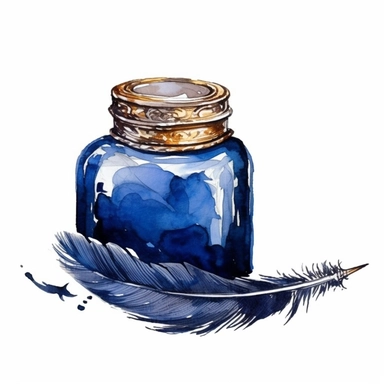 feather writing jewellery pen dark blue ink inside a container digital clipart on white background