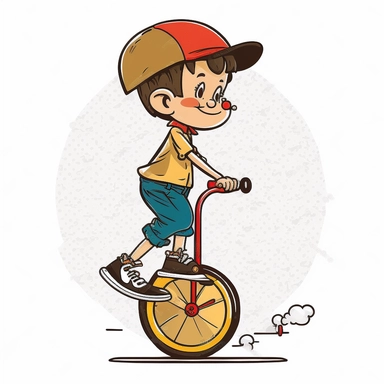 a boy is riding a unicycle, side view, vector, outlined art, style of disney, white background, clipart