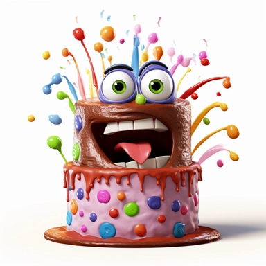 clipart of a messy two layer birthday cake, there is a funny face in the cake, candles, cartoon, for kids, funny, pixar, 8k, white background, sharp focus, detailed,