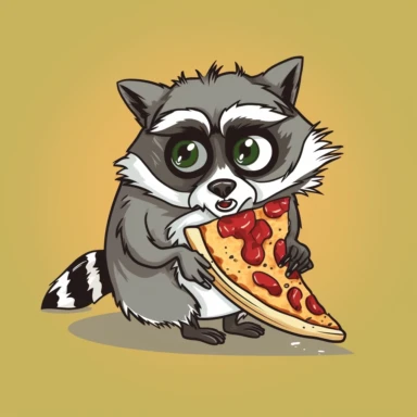 Create a clipart image of a mischievous raccoon stealing a slice of pizza, with a guilty expression on its face.