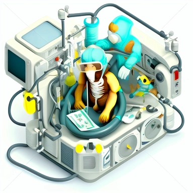 Hyper-detailed inflatable complicated operation in the operating room, monkeys are the doctors , white bg, isometric, clipart