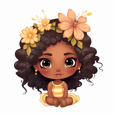 African American, pretty flower style cartoon, clipart, Chibi and Kawaii Style, white background