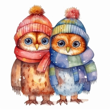 clipart, watercolor owls wearing beanies and scarves, huddling together, happy, nostalgic, cute, whimsical, realistic