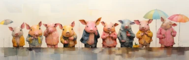 a row of cute miniature piglets, a collage of mixed media art made with tissue paper, magazine and newspaper clippings, oil paint, graphite pencil lines and fabric, in the style of playful surrealism, whimsical, washi tape