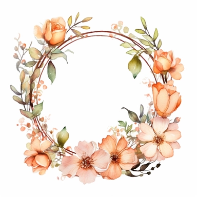 watercolor clipart of a empty suttle dainty floral round frame surrounded by peach color flowers and cream color flowers. Capture the essence of blooming beauty and intricate details in your artwork, white background