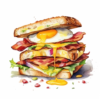 watercolour, clipart, white background, breakfast sandwich with layers of bread, eggs, bacon or sausage, cheese, and vegetables