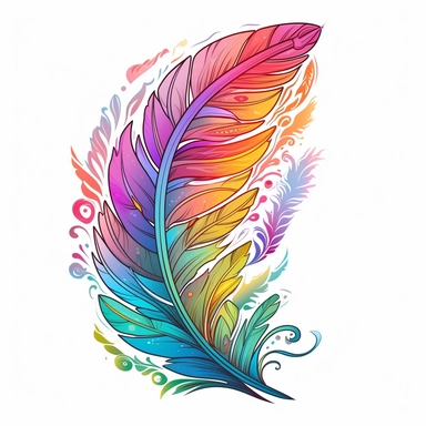 Produce a meticulously hand-drawn clipart (medium) showcasing a stunning Boho rainbow Feather (content), exuding an air of bohemian charm. Isolate the feather on a crisp white background to accentuate its intricate details. Embrace a style inspired by the whimsical illustrations of Alphonse Mucha, combining organic elements with art nouveau aesthetics. Utilize soft, diffused lighting (lighting) that gently caresses the feather, enhancing its delicate textures. Opt for a vibrant color palette (co