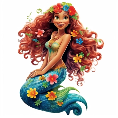 A beautiful smiling mermaid, highly detailed, long hair, beautiful flowers and coral, highly detailed tail, full body image, pixar style, clipart