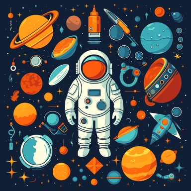 Design a clipart set that depicts space objects such as planets, stars, comets, and astronaut suits. Add additional space equipment into different images, such as hi-tech telescopes or the International Space Station (ISS).
