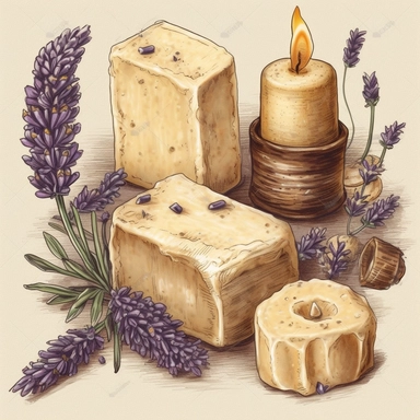 beige candels, handmade soap with lavender items acrylic Clipart Collection, cute objects isolated on white background, high quality intricate detailed illustrations, in style of acrylic painting, delicate pencil texture, dotted texture, intense vivid colors, panasonic lumix s pro 50mm f/ 1. 4, rough clusters, strong use of contrast