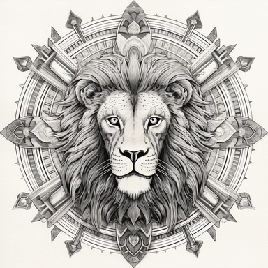 Prompt: Craft a black and white tattoo design that merges modern intricacy with timeless symbolism. At the heart of your design should be a calm, fearless lion, a beacon of majesty and might, standing resolute before a radiant sun. This lion-sun tableau must echo the aesthetics of the Persian 'shir-o-khorsheed' emblem, known for its deep-rooted symbolism in Iran's pre-revolutionary heritage. The lion's demeanor should exude an air of tranquillity and fearlessness, a regal beast emanating calm in