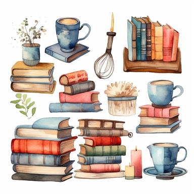 World book day hand drawn watercolor clipart set. Library books collection