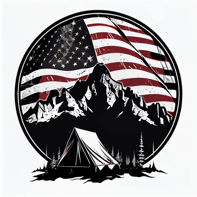 An iconic symbol of patriotism, this artwork depicts the American flag with mountains and a camping tent in a round graphic style. The mood is patriotic and grungy, with a sense of pride and appreciation for the United States. T-shirt design graphic, black silhouette, coloring page for adults, flat vector logo, line art, clipart, white background