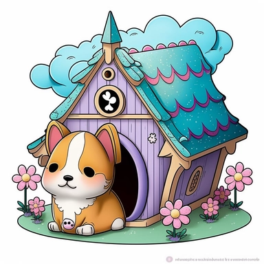 clipart with white background of a doghouse in the style of kawaii, fantasy and mystical