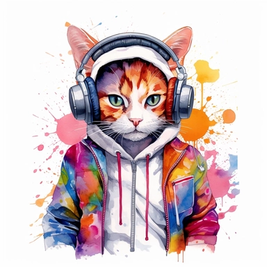 t-shirt design, colorful cat art, full body, wearing cap and headphones, clipart, white background