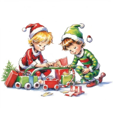 Santa's elves putting toys in Santa's sleigh as a partial page border, clipart with a white background, minimalist background, clearly defined separate image, high quality--ar3:4-no mockups, watermarks, numbers, writing, letters--q2--v5.1--s1000