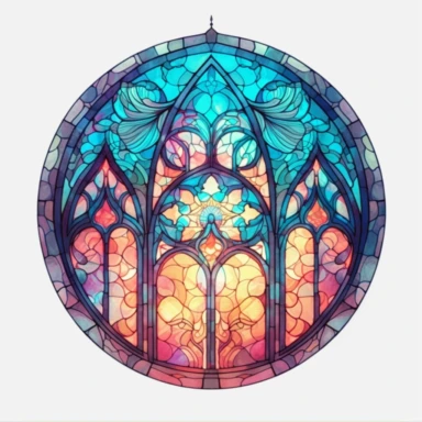 an intricate stained glass window design clipart, in the style of pastel gothic, #screenshotsaturday, reimagined religious art, islamic art and architecture, watercolor illustrations, cyan and amber, no background