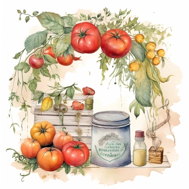 Design a vintage - style, watercolor garland or wreath for the 'Farmer's Kitchen' mystery box label, featuring tomatoes, basil, poppies, and other items from the box, as well as a couple of themed clipart elements for decoration. The garland or wreath should have a soft, romantic aesthetic and be hand - drawn in a watercolor style. The colors should be muted and natural, with pops of bright red and orange for the tomatoes and poppies. The overall design should be whimsical and charming, with a t