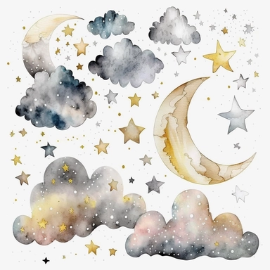 clouds, moon,stars, watercolor,all white background, clipart