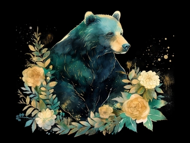 deep emerald gold watercolor Black bear with flowers plants clipart, golden metallic lines and some glitter, shining colors, dark background, 8k, high resolution