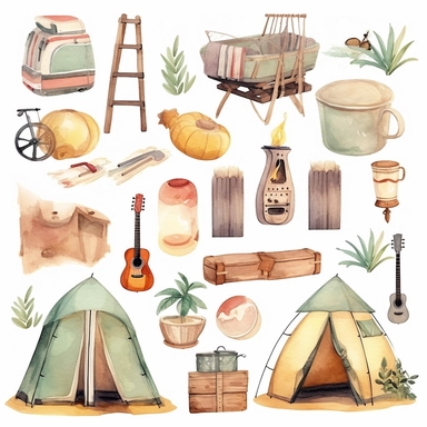 Watercolor boho beach camping illustrations clipart set, simple, soft colors, cartoon elements, different variants, cute little boy and girl , tent, campervan, camping related items, pots, bonfire, full backpack, separate elements with a margin
