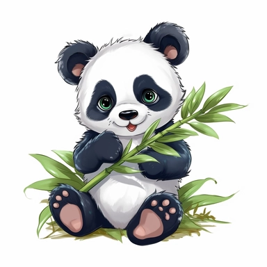 cute fluffy baby panda eating bamboo, disney style, clipart on white background