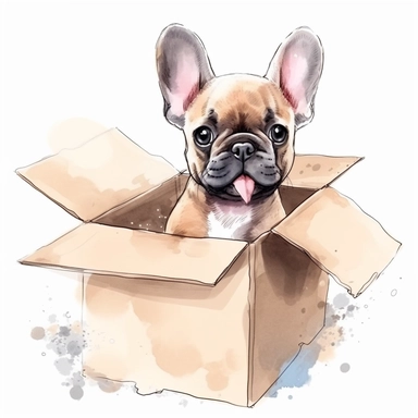 a super cute happy baby french bulldog in an empty box, illustration watercolor style, minimalistic, clipart, children's book illustration, hd, 16k, 4k