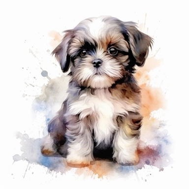 Watercolour cute Shih Tzu puppy sitting, beautiful details, ultra detailed, ultraphoto real intricate detailed, high definition, graphic clipart, hyper realistic,detailed, white background