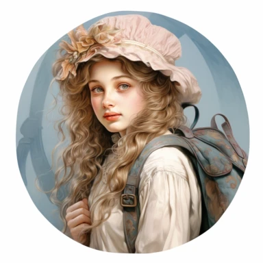 very beautiful girl with schoolbag, vintage, white background, round clipart with pastel color, detailed and lovely Renaissance painting
