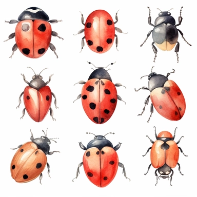 very simple watercolour childrens book style drawing of different isolated cute ladybugs, soft on white background for clipart, 8k